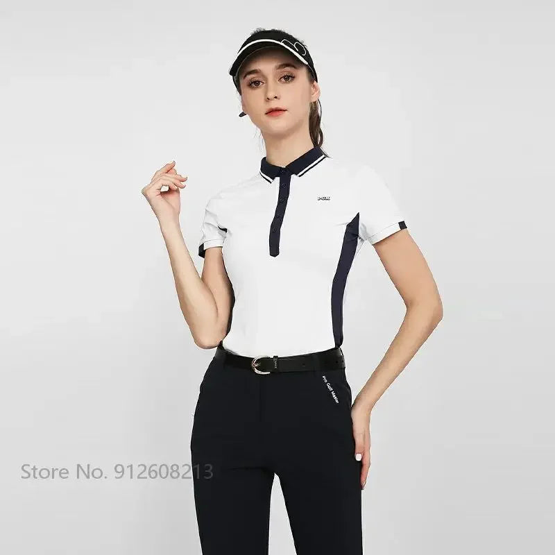 PGM Female Summer Breathable Golf Polo T-shirts Women Short-sleeved Slim Shirts Patchwork Casual Sports Tops Golf Clothing S-XL