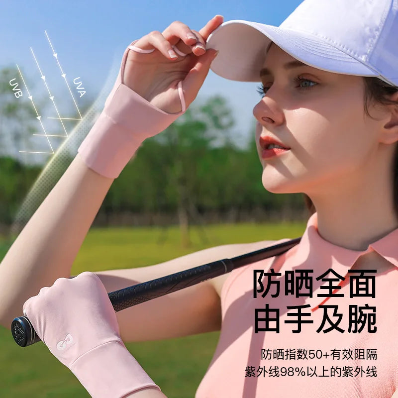 Women Half Finger Glove Cool Breathable Sun UV Protector Golf Glove Ice Silk Hollow Palm Elastic Left & Right Hand