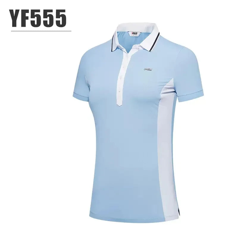 PGM Female Summer Breathable Golf Polo T-shirts Women Short-sleeved Slim Shirts Patchwork Casual Sports Tops Golf Clothing S-XL