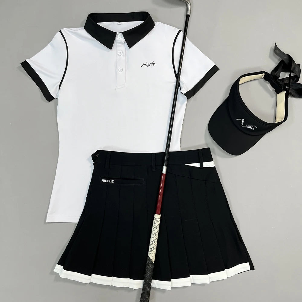 Golf Women's Summer Short-sleeved Top Color Contrast Slim-fit Quick-drying Polo Shirt High-end Outdoor Leisure Sports Suit