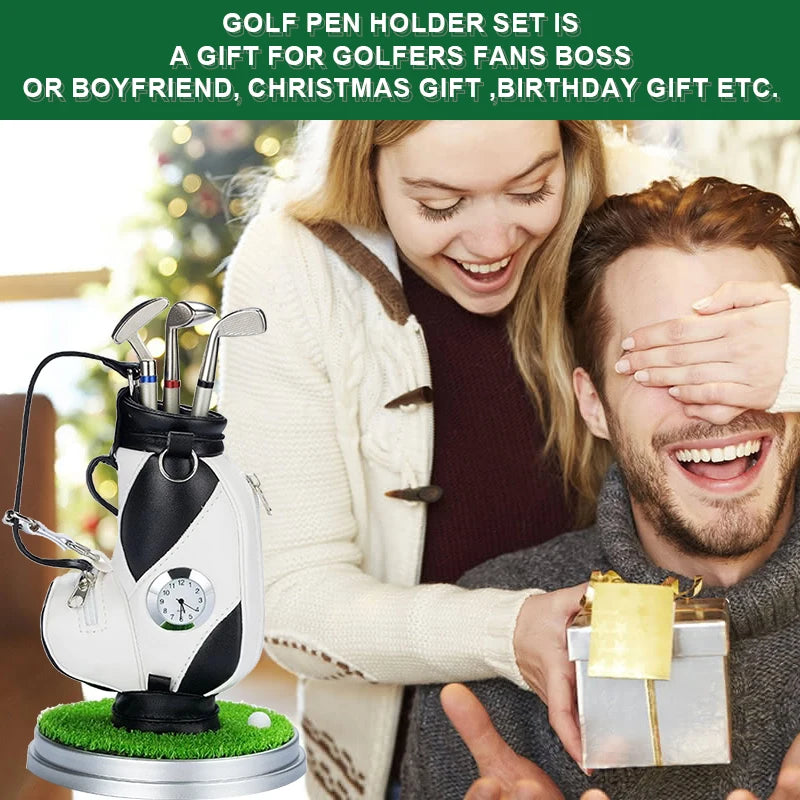 Golf Car With Pen and Watch Novelty Gifts with 3 Pieces Aluminum Pen Golf Bag Pencil Holder Golf Souvenirs Golf Accessories