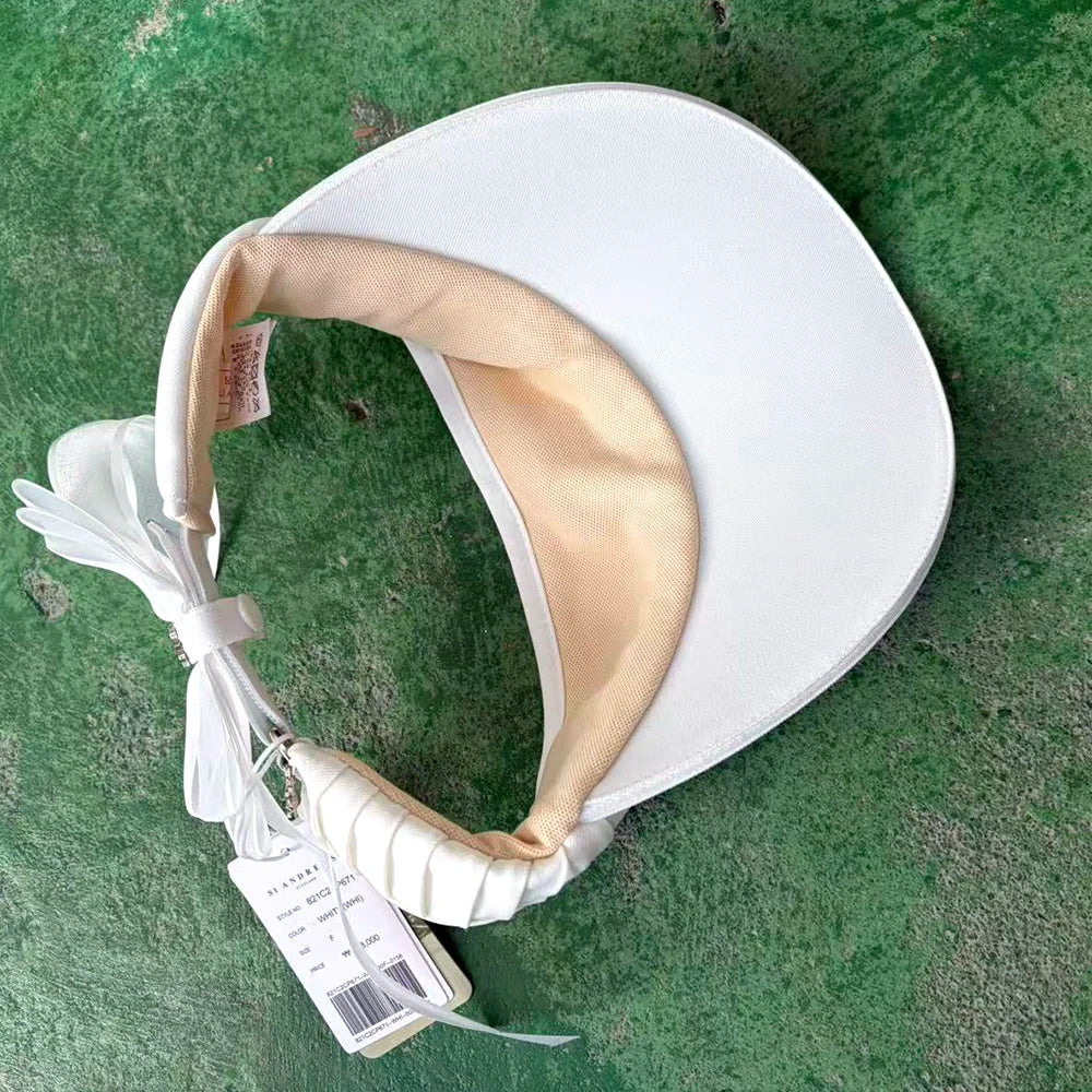 Women Golf Visor Hat with Bowknot Pleated Sports Sun Visor Outdoor Casual Anti-UV Empty Top Cap for Spring Autumn