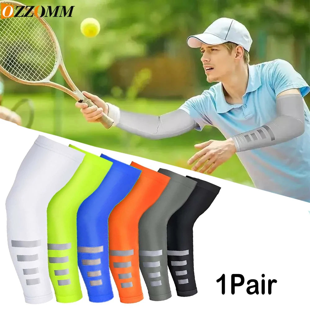 1Pair Reflective Stripe Arm Sleeves, Cooling UV Sun Protection Sports Compression for Men/Women Golf Outdoor Sports