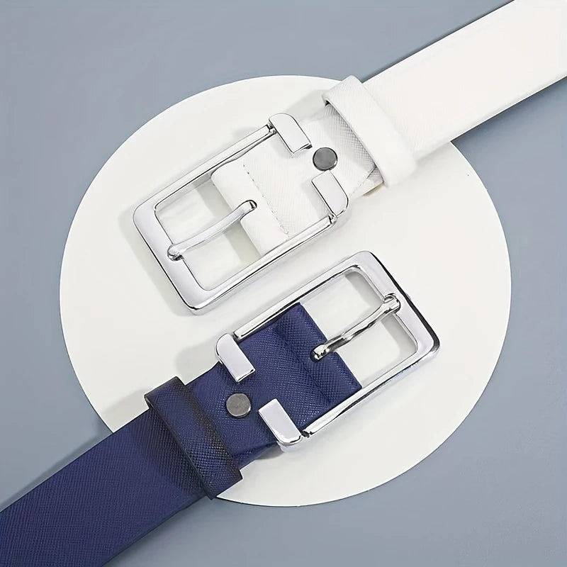 Men's White/Blue Golf Belt, Square Buckle Embossed Casual Belt