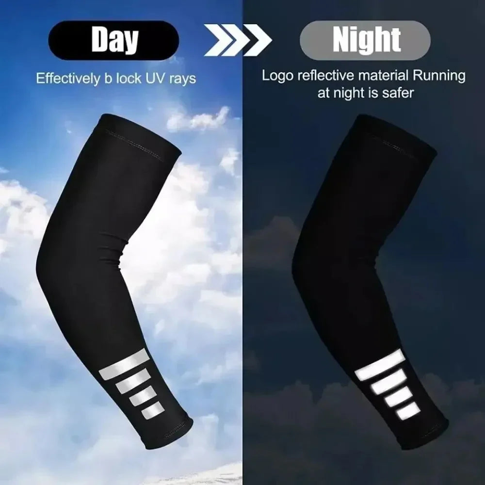 1Pair Reflective Stripe Arm Sleeves, Cooling UV Sun Protection Sports Compression for Men/Women Golf Outdoor Sports