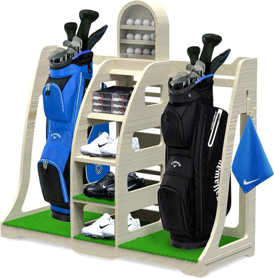 Sports Golf Bag Organizer - Handcrafted Wood Design, Golf Bag Stand Golf Storage Shelves, Garage Rack