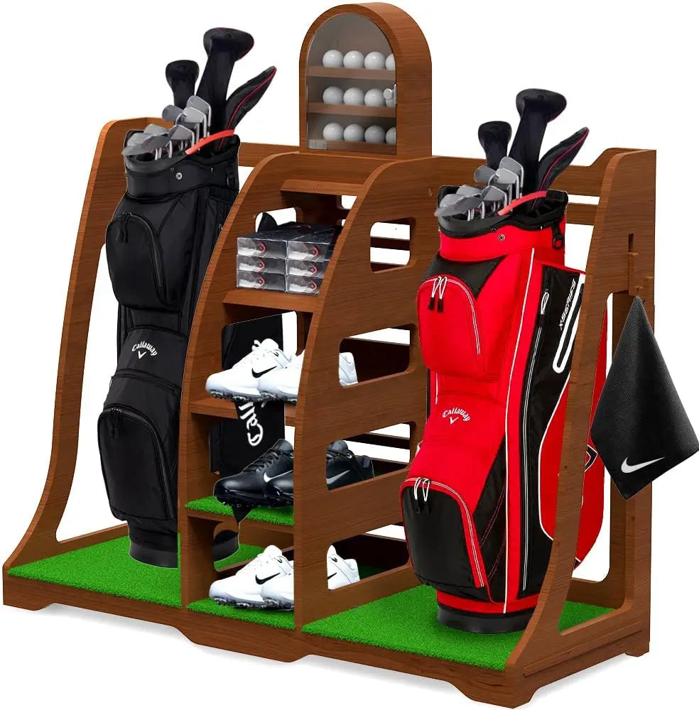 Sports Golf Bag Organizer - Handcrafted Wood Design, Golf Bag Stand Golf Storage Shelves, Garage Rack