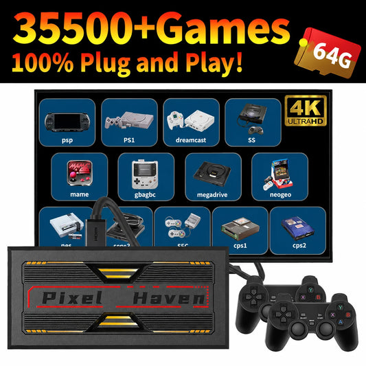 4K HD Retro Game Box Pixel Haven Video Game Console Plug&Play for TV 35500+Games for DC/PS1/PSP/SS/MAME/NES/Sega with Controller