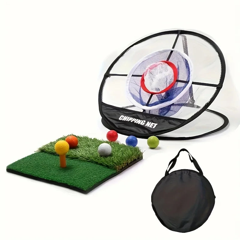 1 set of golf train accessories including a 3-tier practice hitting net 6 colored balls turf mat and golf ball retriever by Ahai