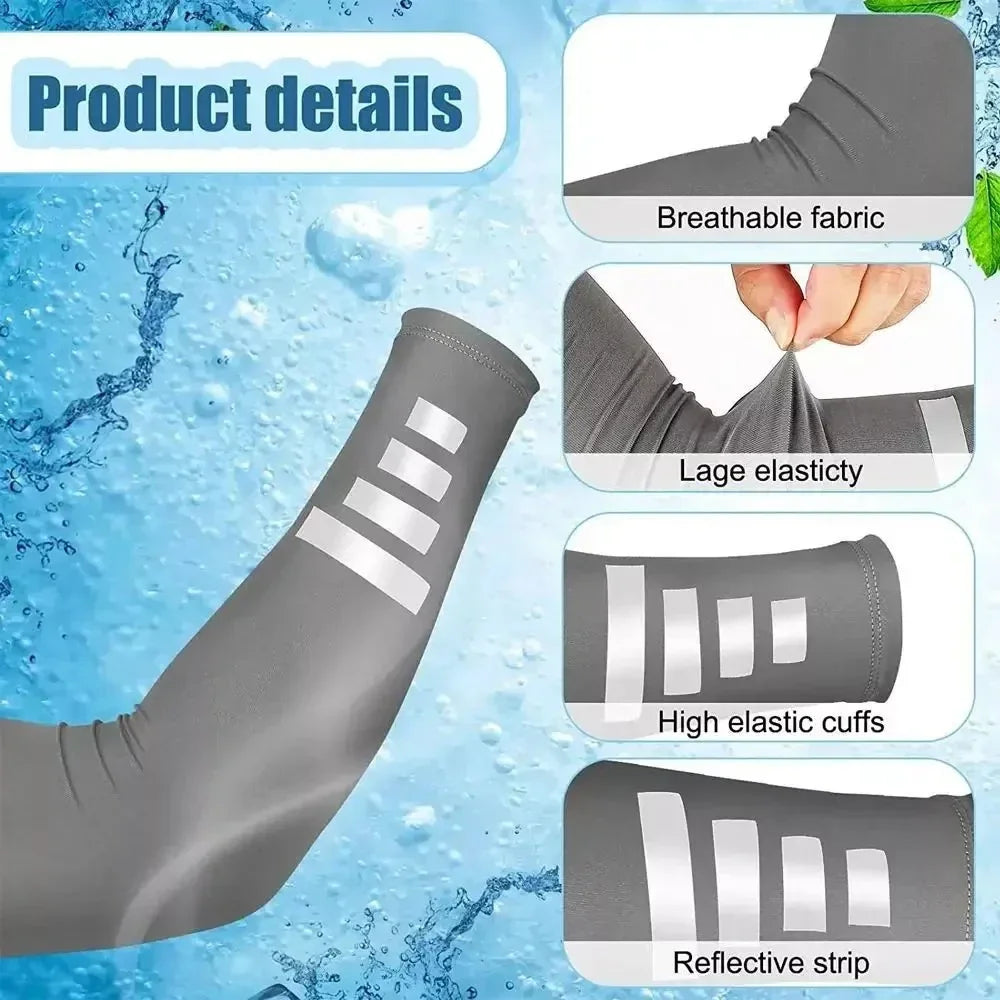 1Pair Reflective Stripe Arm Sleeves, Cooling UV Sun Protection Sports Compression for Men/Women Golf Outdoor Sports
