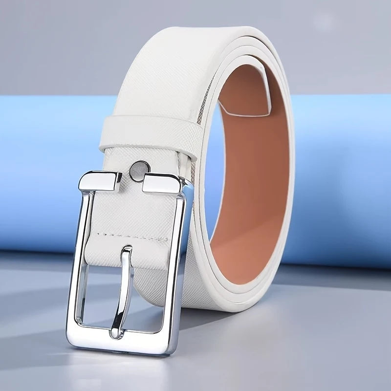 Men's White/Blue Golf Belt, Square Buckle Embossed Casual Belt