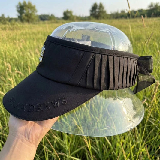 Women Golf Visor Hat with Bowknot Pleated Sports Sun Visor Outdoor Casual Anti-UV Empty Top Cap for Spring Autumn