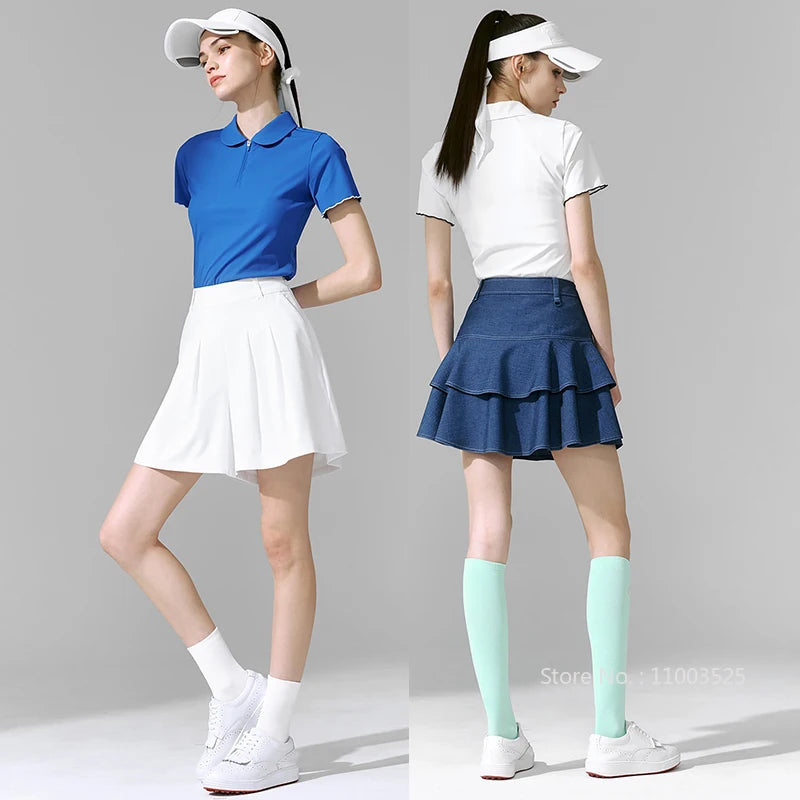 2025 New Golf Tennis Women's Shirt Summer Short Sleeve Zipper Collar T-shirt Breathable Ruffle Sports Tops Casual Sportswear