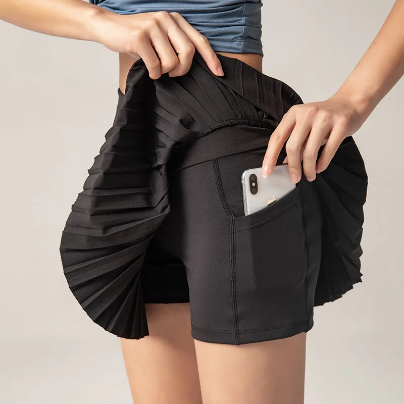 Women's Pleated Tennis Skirt Built-in Shorts Anti-See-Through High Waist Quick Dry Golf Yoga Running Skirt