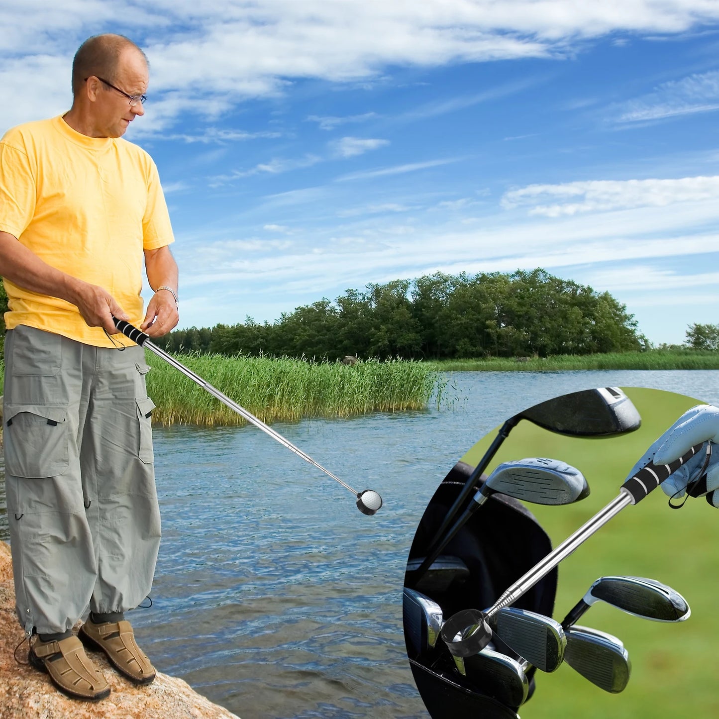 Golf Ball Retriever Telescopic 9Ft Stainless Steel Head Ball Grabber w Lanyard for Water Golf Ball Picker Tool Golf Accessories