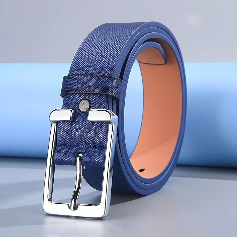 Men's White/Blue Golf Belt, Square Buckle Embossed Casual Belt