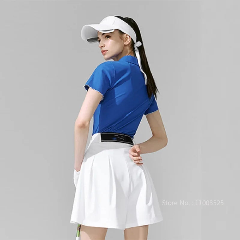 2025 New Golf Tennis Women's Shirt Summer Short Sleeve Zipper Collar T-shirt Breathable Ruffle Sports Tops Casual Sportswear