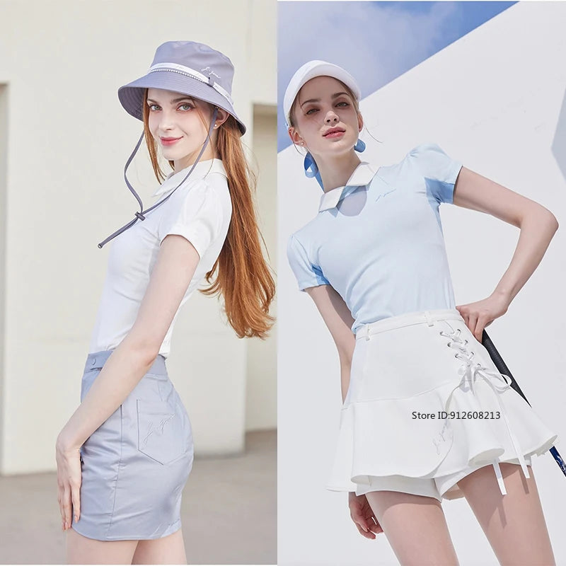2025 Golf Women Short Sleeve Tops Lapel Sleeveless Golf T-shirts Quick-dry Breathable Shirts Lace Up Pleated Golf Skirt Outfit
