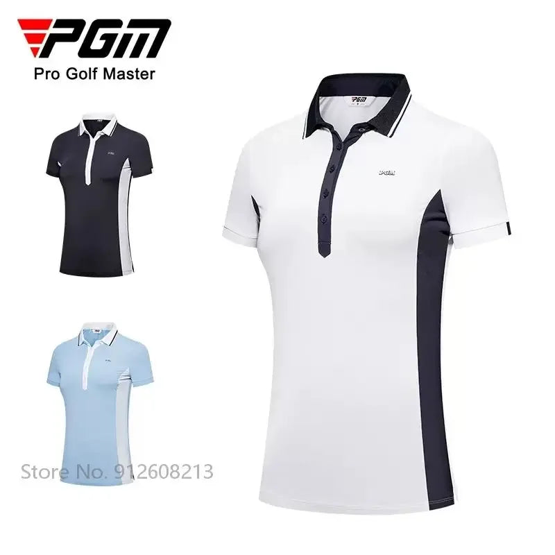 PGM Female Summer Breathable Golf Polo T-shirts Women Short-sleeved Slim Shirts Patchwork Casual Sports Tops Golf Clothing S-XL