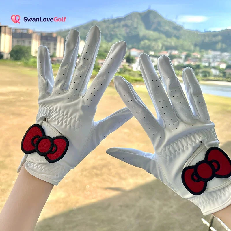 SG 1 Pair Golf Gloves for Women Open Finger Pu Leather Sport Mittens Breathable for Better Grip Club Control Bowknot Golf Gloves
