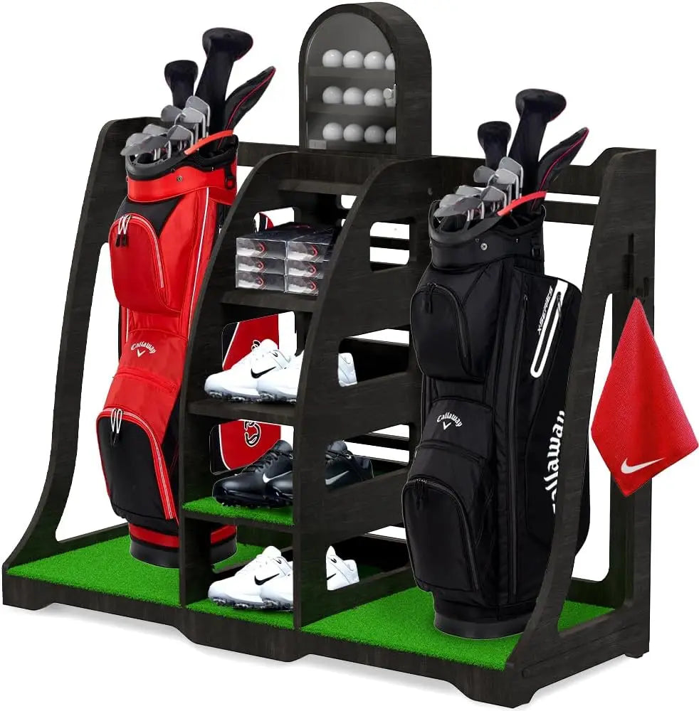 Sports Golf Bag Organizer - Handcrafted Wood Design, Golf Bag Stand Golf Storage Shelves, Garage Rack