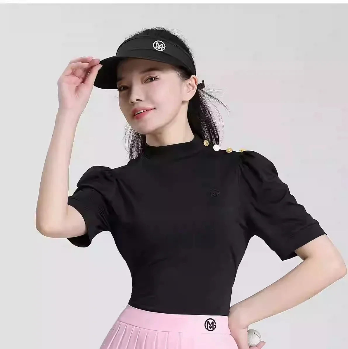 MG Golf Outfits Women's Puff Sleeved Round Neck T Shirt Casual Slim-fit Shirt Quick-drying Breathable Golf Skorts Pleated Skirt