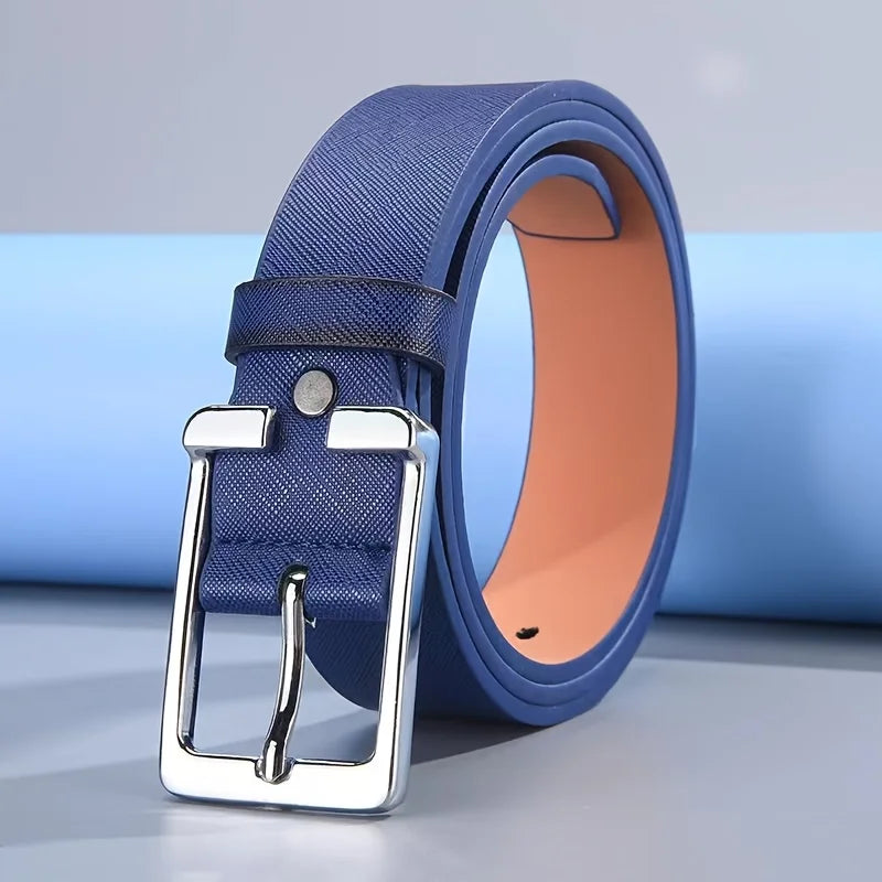 Men's White/Blue Golf Belt, Square Buckle Embossed Casual Belt