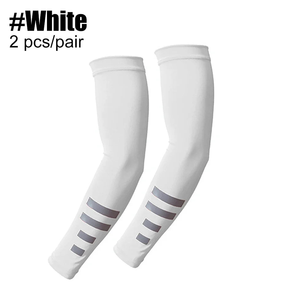 1Pair Reflective Stripe Arm Sleeves, Cooling UV Sun Protection Sports Compression for Men/Women Golf Outdoor Sports