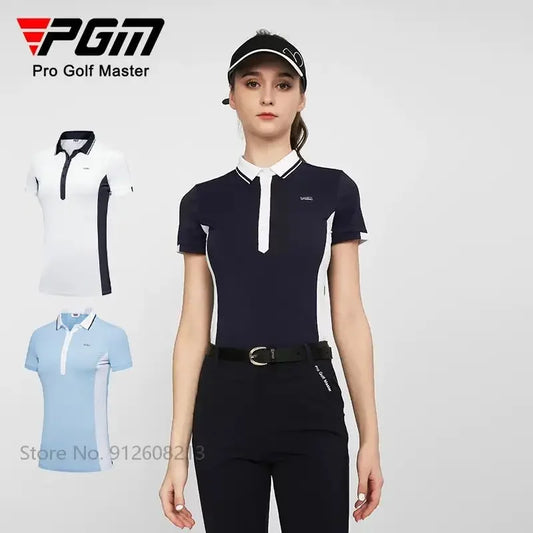 PGM Female Summer Breathable Golf Polo T-shirts Women Short-sleeved Slim Shirts Patchwork Casual Sports Tops Golf Clothing S-XL