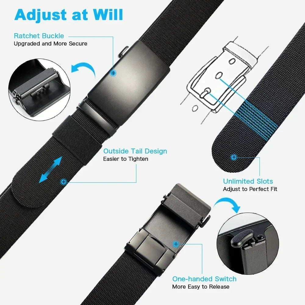 Golf Sports Elastic Belt Tactical Belt Metal Automatic Buckle Tough Stretch Nylon Men Military Belt 115-135CM Big Size Belts
