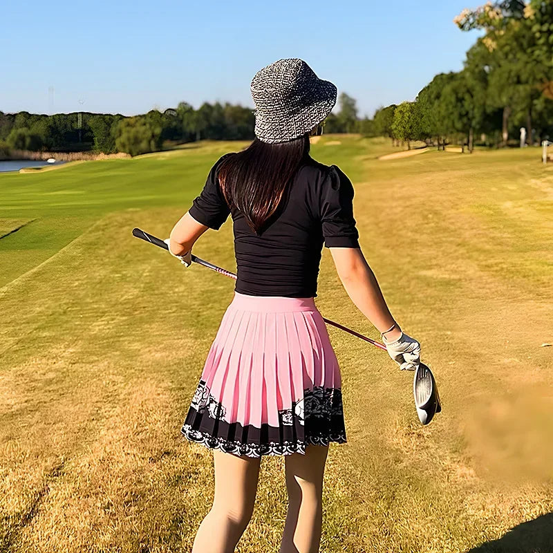 MG Golf Outfits Women's Puff Sleeved Round Neck T Shirt Casual Slim-fit Shirt Quick-drying Breathable Golf Skorts Pleated Skirt