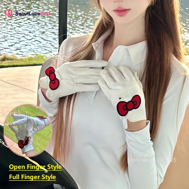 SG 1 Pair Golf Gloves for Women Open Finger Pu Leather Sport Mittens Breathable for Better Grip Club Control Bowknot Golf Gloves