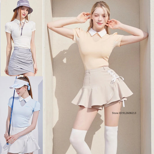 2025 Golf Women Short Sleeve Tops Lapel Sleeveless Golf T-shirts Quick-dry Breathable Shirts Lace Up Pleated Golf Skirt Outfit