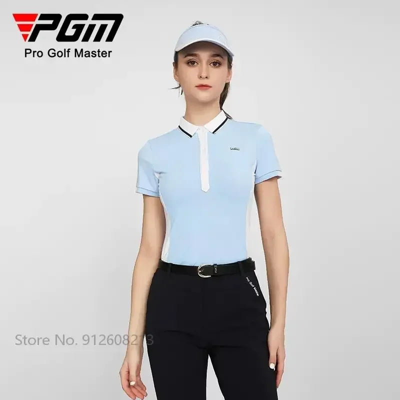PGM Female Summer Breathable Golf Polo T-shirts Women Short-sleeved Slim Shirts Patchwork Casual Sports Tops Golf Clothing S-XL