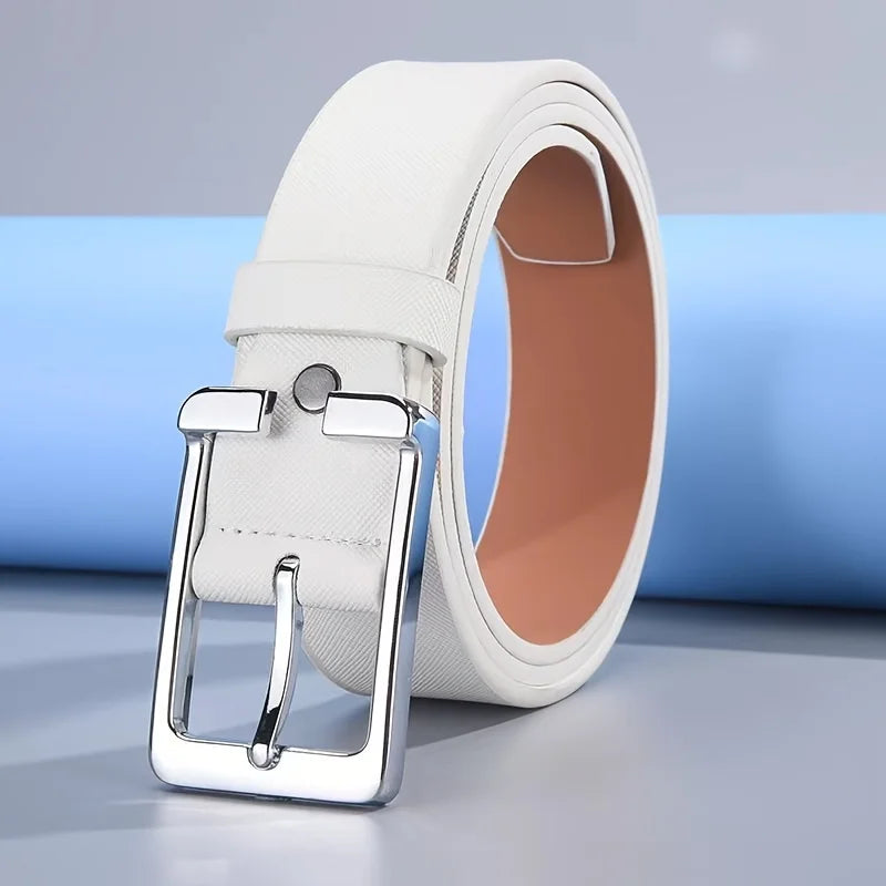 Men's White/Blue Golf Belt, Square Buckle Embossed Casual Belt