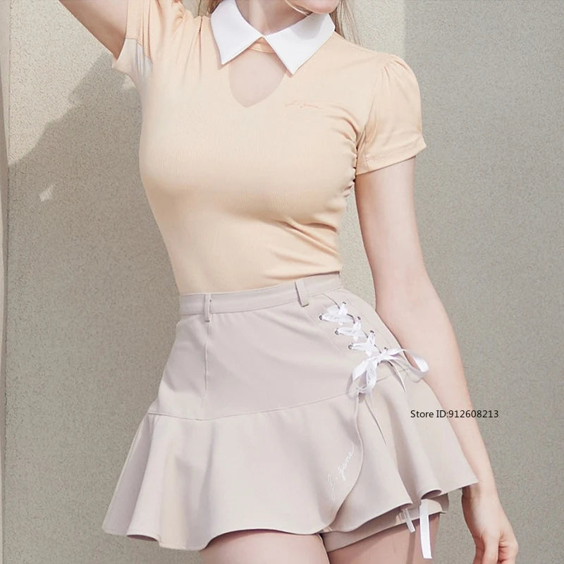 2025 Golf Women Short Sleeve Tops Lapel Sleeveless Golf T-shirts Quick-dry Breathable Shirts Lace Up Pleated Golf Skirt Outfit