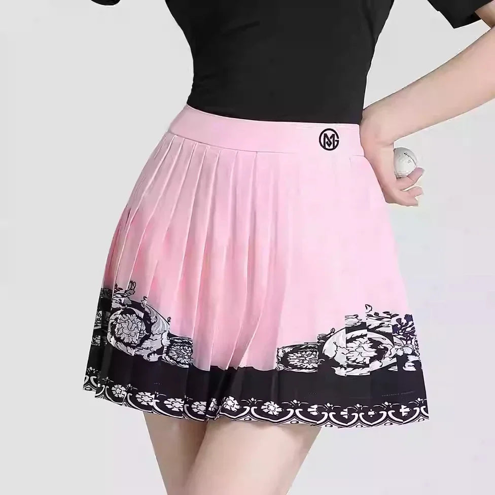 MG Golf Outfits Women's Puff Sleeved Round Neck T Shirt Casual Slim-fit Shirt Quick-drying Breathable Golf Skorts Pleated Skirt