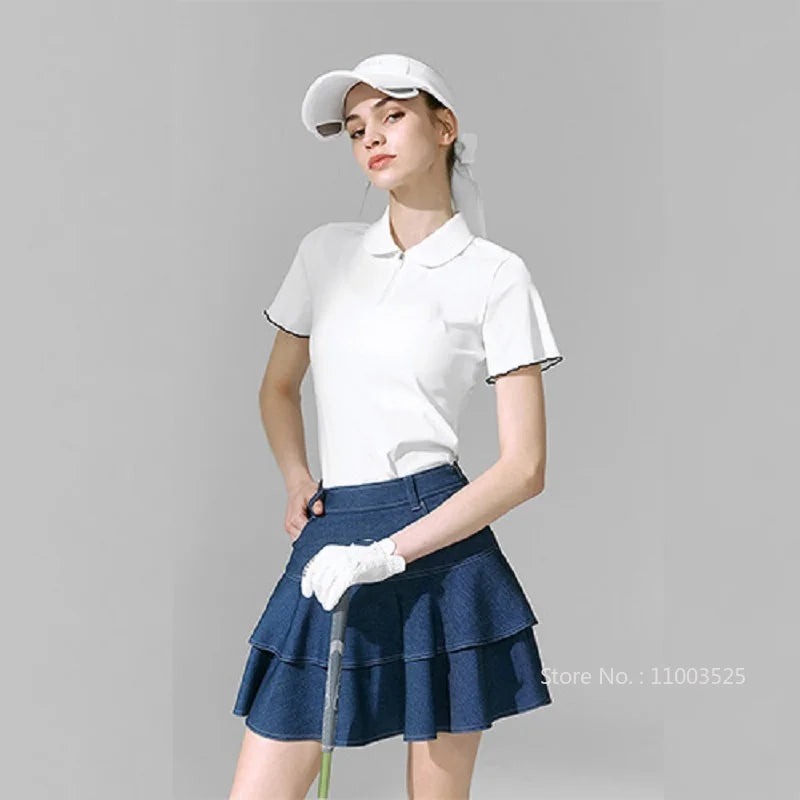 2025 New Golf Tennis Women's Shirt Summer Short Sleeve Zipper Collar T-shirt Breathable Ruffle Sports Tops Casual Sportswear