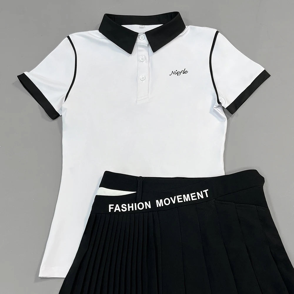 Golf Women's Summer Short-sleeved Top Color Contrast Slim-fit Quick-drying Polo Shirt High-end Outdoor Leisure Sports Suit