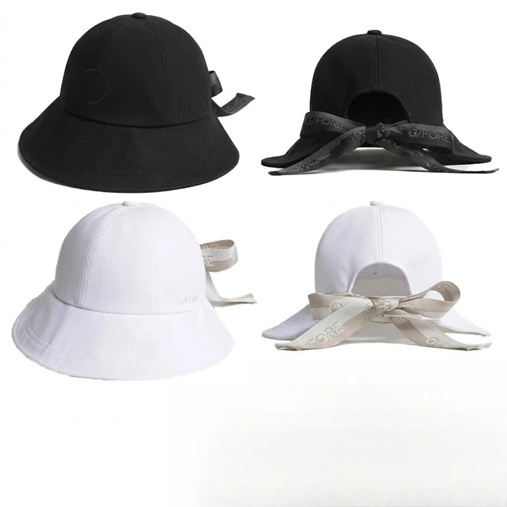 Luxury Women Golf Bucket Hat Wide Brim Sun Visor Caps with Back Ribbon Bow Elegant Embroidered Contrast Ladies Golfing Headwear