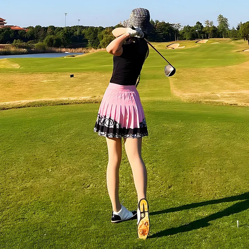 MG Golf Outfits Women's Puff Sleeved Round Neck T Shirt Casual Slim-fit Shirt Quick-drying Breathable Golf Skorts Pleated Skirt