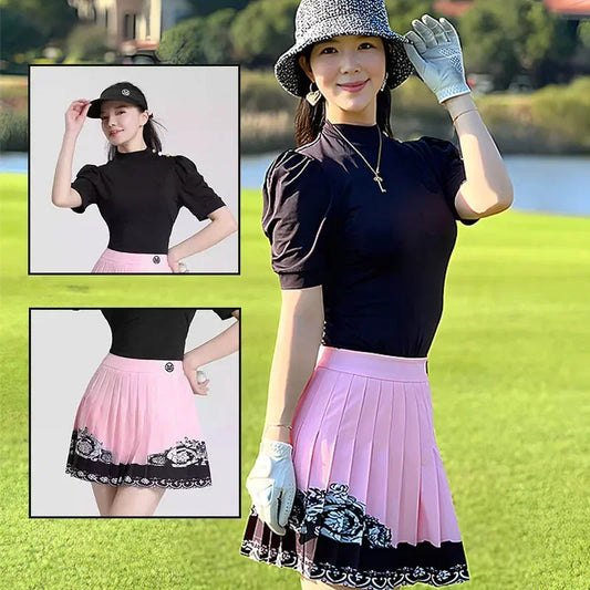 MG Golf Outfits Women's Puff Sleeved Round Neck T Shirt Casual Slim-fit Shirt Quick-drying Breathable Golf Skorts Pleated Skirt