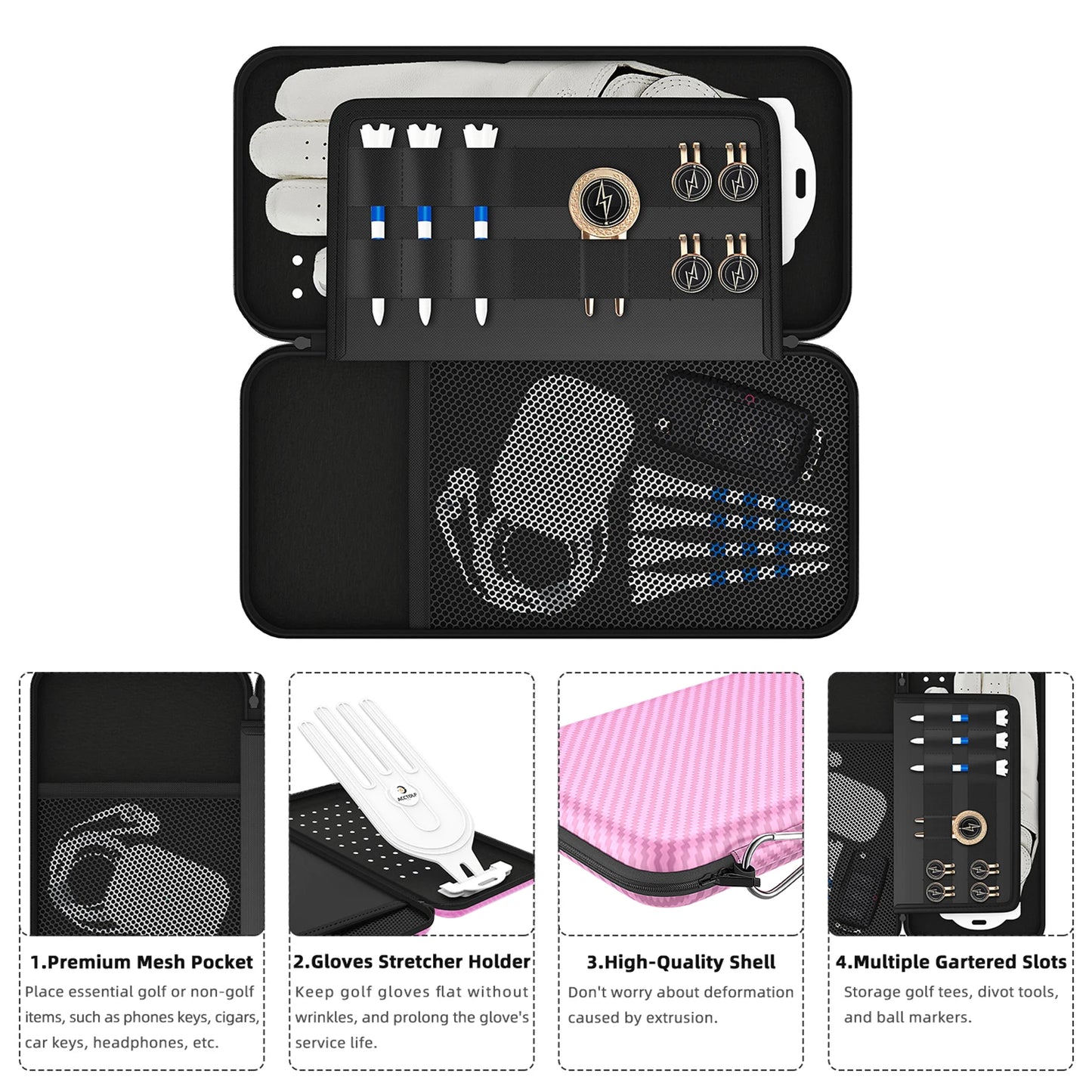 Golf Case Glove Holder Hard Case Protector Organizer with Storage Slots for Phone Tees Splitting Tools Ball Markers Accessories