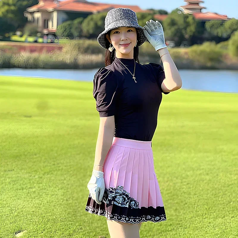 MG Golf Outfits Women's Puff Sleeved Round Neck T Shirt Casual Slim-fit Shirt Quick-drying Breathable Golf Skorts Pleated Skirt
