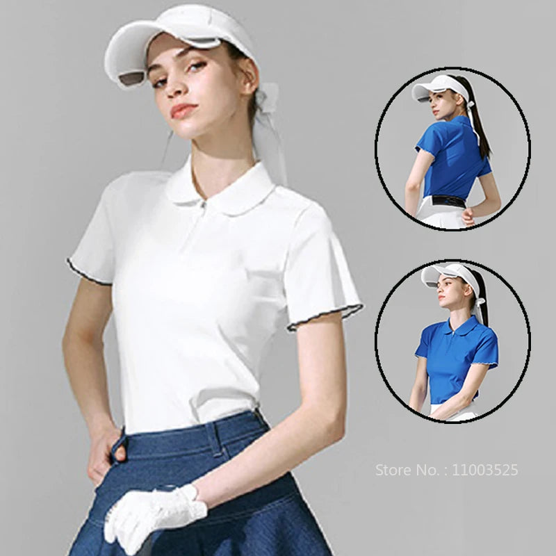 2025 New Golf Tennis Women's Shirt Summer Short Sleeve Zipper Collar T-shirt Breathable Ruffle Sports Tops Casual Sportswear